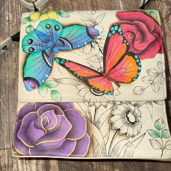 Anuschka Cream Crossbody Bag with Multicolor Butterfly & Floral Artwork - Picture 2 of 7